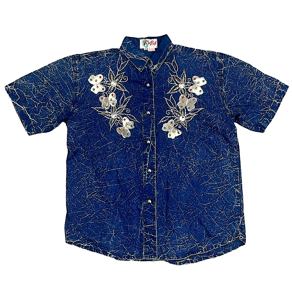 Vintage Acid Wash Embellished Rhinestone Beading Floral Butterfly Size Medium